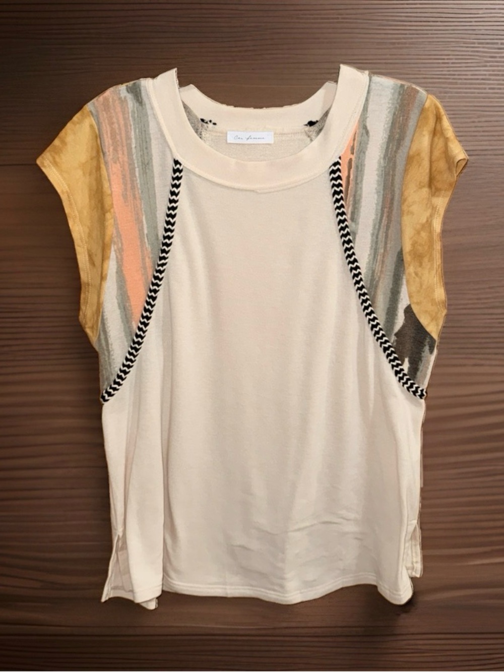 Ces Femme Women’s Cream Short Sleeve Tee w/Multicolor Tie Dye Accents-L-EC